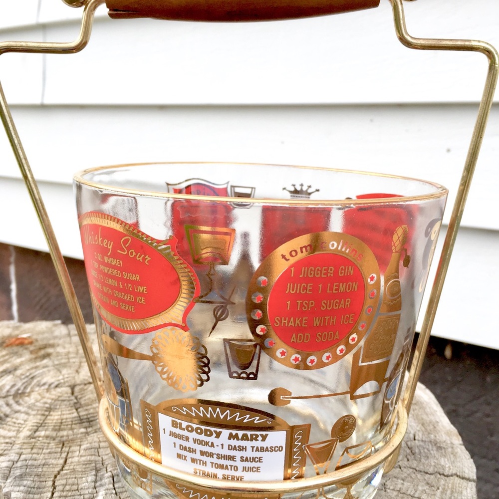 Vintage MCM Jeannette Glass Ice Bucket w/ Brass & Wood Carrier - Picture 2 of 5